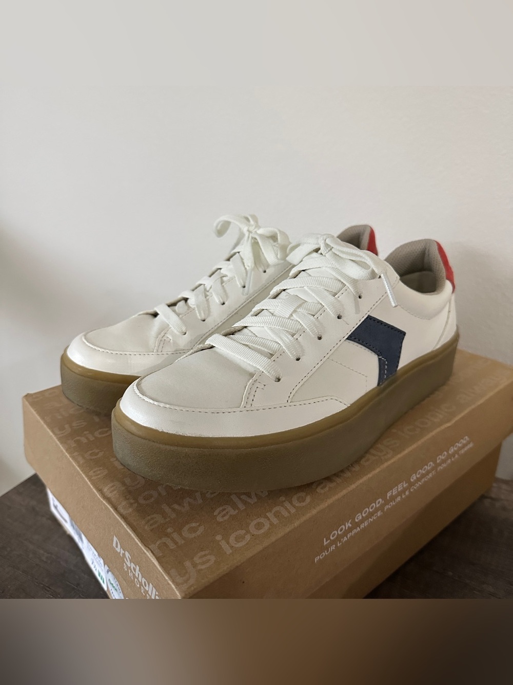 Dr. Scholl's Woman’s White Faux Leather Sneakers with Navy Accent